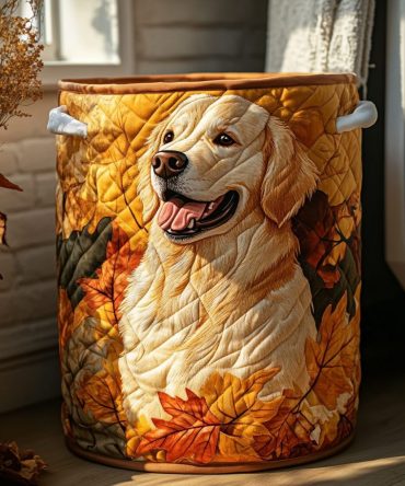 Golden Retriever Meadow Quilted Fabric Laundry Hamper – Large Pet-Lover Floral Collapsible Laundry Basket With Handles, Durable Cotton Blend