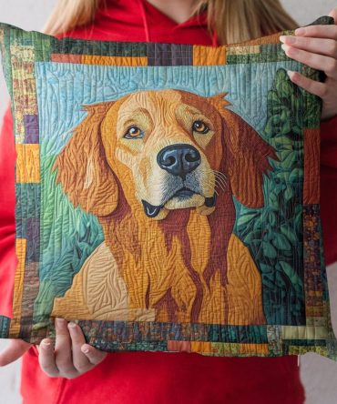 Garden Retriever Quilted Pillow Cover - Golden Retriever In The Garden Design, Quilted Decorative Pillowcase, Durable & Machine Washable