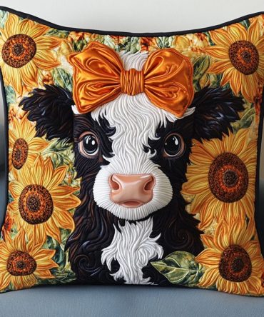 Golden Ribbon Cow Quilted Pillow Cover — Elegant Farmhouse Throw With Metallic Accent Look , Lux Textured Quilting, Machine‑Washable