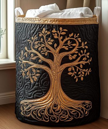 Golden Roots Quilted Laundry Hamper — Elegant Foldable Basket For Stylish Home Organization, Durable Quilted Fabric & Reinforced Handles