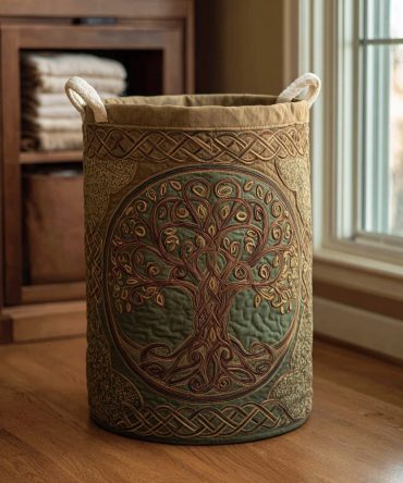 Golden Roots Quilted Laundry Hamper — Earthy Gold Botanical Print Fabric Basket, Foldable Laundry Storage For Living Room
