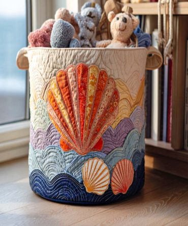 Golden Shell Quilted Laundry Hamper — Elegant Beach-Inspired Foldable Laundry Basket With Durable Handles For Stylish Storage