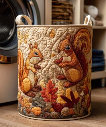 Golden Squirrel Quilted Laundry Hamper — Playful Squirrel Design Fabric Basket, Large Collapsible Organizer With Handles, Machine-Washable