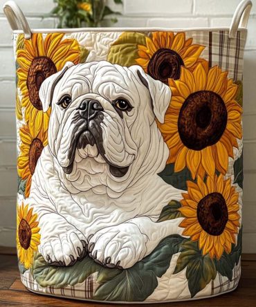 Golden Sun Bulldog Quilted Hamper — Playful Patterned Collapsible Laundry Basket, Durable Washable Fabric Organizer With Handles