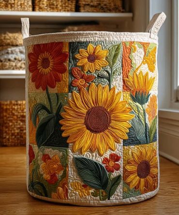 Golden Sunburst Quilted Laundry Hamper – Luxurious Foldable Fabric Basket With Handles, Bright Sunflower-Inspired Storage Solution