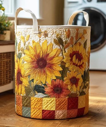 Golden Sunflower Quilted Fabric Laundry Hamper , Large Collapsible Floral Basket For Stylish Storage, Reinforced Handles, Easy Care