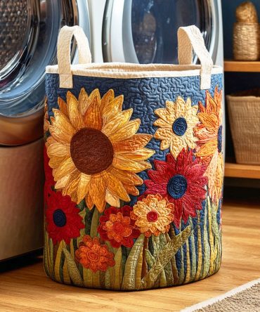 Golden Sunflower Quilted Laundry Hamper – Sunflower Print Fabric Basket, Large Foldable Clothes Organizer With Reinforced Base & Handles