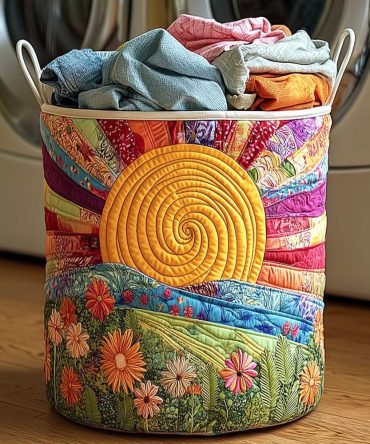 Golden Sunrise Quilted Laundry Hamper — Warm Sunburst Collapsible Fabric Basket With Reinforced Handles For Stylish Storage