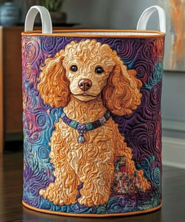 Golden Swirl Pup Quilted Hamper – Luxe Patterned Collapsible Laundry Basket With Handles, Decorative Pet & Home Storage Solution