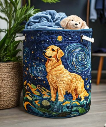 Golden Tail Wag Quilted Laundry Hamper — Adorable Dog Tail Print Storage Basket, Soft Quilting, Foldable & Easy-Carry