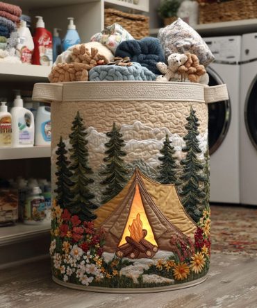 Golden Tent Quilted Laundry Hamper — Rustic Campfire Print Collapsible Basket With Reinforced Handles For Cozy Bedroom & Closet Storage
