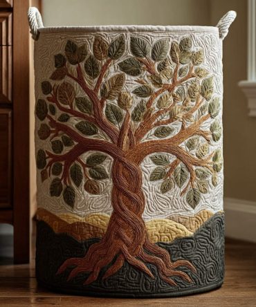 Golden Tree Quilted Laundry Hamper - Collapsible Decorative Fabric Storage Basket With Handles For Stylish Home & Laundry Rooms