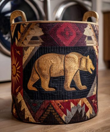 Golden Tribal Bear Quilted Hamper - Luxurious Gold-Toned Bear Motif Storage Basket, Padded Laundry Organizer For Stylish Homes