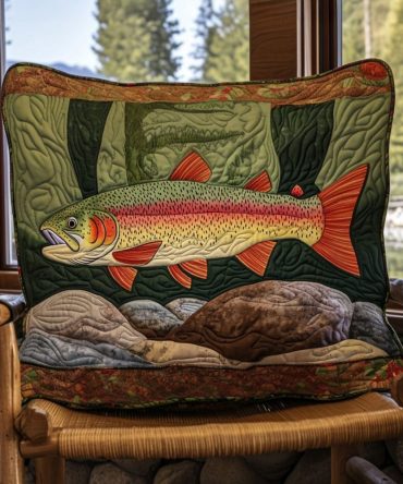 Golden Trout Retreat Quilted Pillowcase — Rustic Fishing Lodge Accent Sham With Nature Motif, Durable Cotton-Blend For Cabins