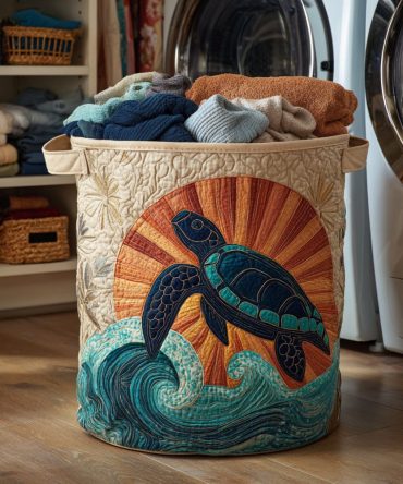 Golden Turtle Sunset Quilted Laundry Hamper – Warm Sunset Turtle Print Fabric Basket, Foldable Washable Organizer With Sturdy Handles For Home Storage