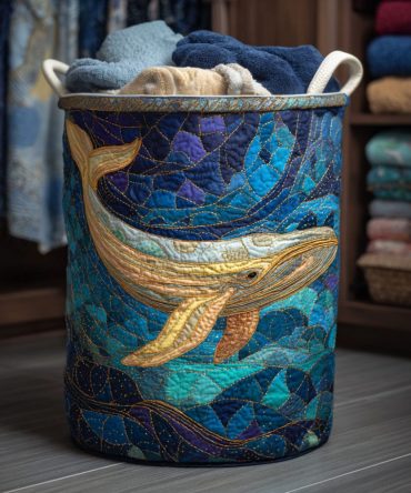 Golden Whale Quilted Laundry Hamper — Luxurious Ocean-Themed Storage Basket, Foldable Decorative Hamper With Durable Handles & Liner