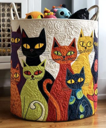Golden Whiskers Quilted Laundry Hamper - Luxurious Cat Print Fabric Basket, Foldable Stain-Resistant Storage For Pet Lovers