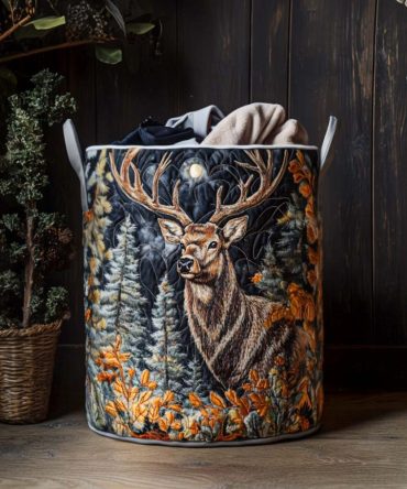 Elegant Quilted Hamper Featuring Graceful Elk Scene — Sturdy Collapsible Laundry Basket For Bedroom, Nursery, Lodge & Gift Giving