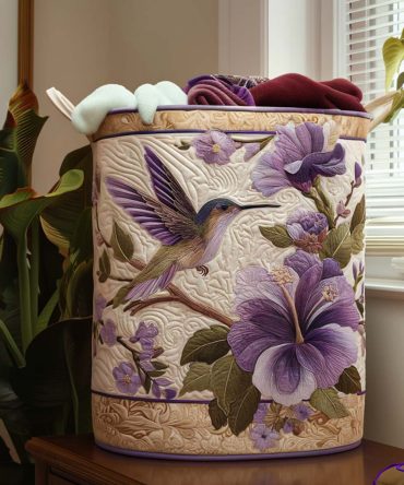 Graceful Hummingbird Quilted Laundry Hamper — Elegant Hummingbird Fabric Basket, Quilted Laundry Organizer With Reinforced Bottom & Folding Design