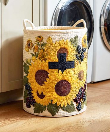 Graceful Sunflower Cross Quilted Hamper — Elegant Floral Laundry Basket, Foldable Cotton-Blend Storage With Reinforced Handles