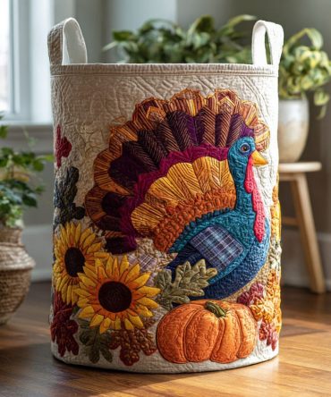 Grateful Gobbler Quilted Storage Hamper - Foldable Thanksgiving-Themed Laundry Basket For Clothes & Seasonal Decor