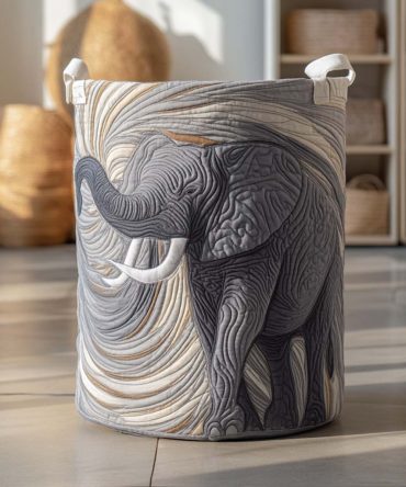 Neutral Gray Quilted Laundry Basket – Gray Elephant Accent Print, Foldable Hamper With Handles For Modern Bedrooms, Nurseries & Compact Living