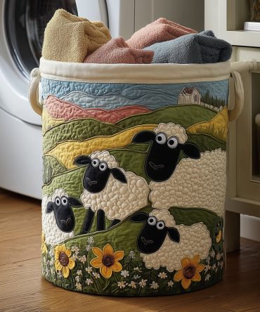 Charming Grazing Sheep Quilted Laundry Hamper — Decorative Fabric Basket For Nursery, Kids & Home Organization — Spacious, Foldable & Easy-Care
