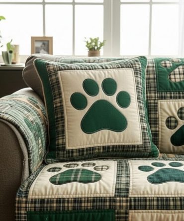 Green Buffalo Plaid Love Paw Quilted Pillow Cover — Rustic Pet-Themed Throw Pillowcase, Cozy Buffalo Check Accent For Cabin & Farmhouse