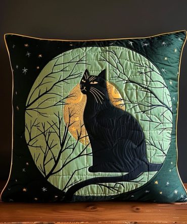 Hand-Quilted Black Cat Pillow Cover With Emerald Moon Accent — Luxe Decorative Throw Sham For Halloween, Gothic & Cozy Home Décor