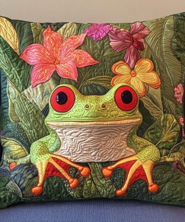 Green Buddy Quilted Accent Pillow Cover — Cozy Green Frog Design, Soft Textured Throw Pillowcase For Sofa, Nursery & Farmhouse Chic