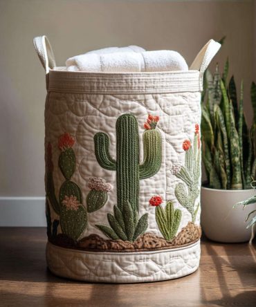 Green Spines Quilted Laundry Hamper - Cactus-Inspired Fabric Basket, Collapsible Decorative Storage With Handles For Modern Homes