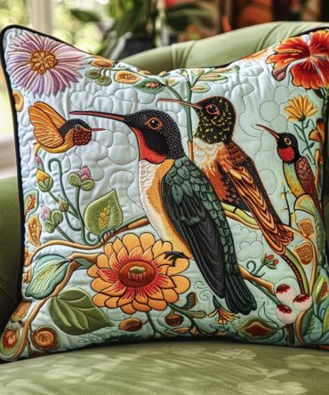 Green Hummingbirds Quilted Pillow Cover – Botanical Green Throw Pillowcase With Bird Motif, Nature-Inspired Accent For Living Areas & Patios