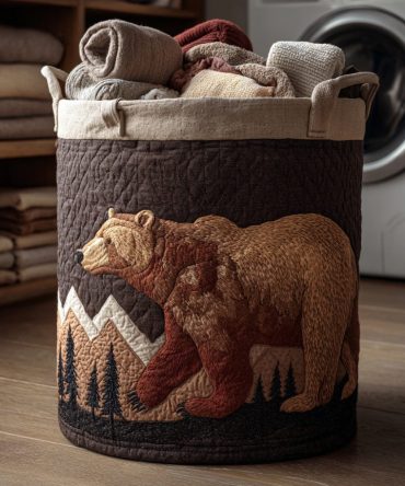 Grizzly Bear Quilted Hamper: Heavy-Duty Rustic Laundry Basket With Handles For Cabin, Mudroom & Everyday Use