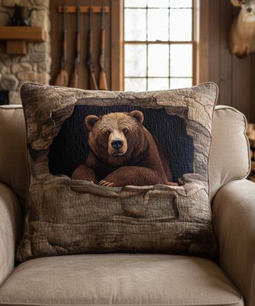 Grizzly Rest Quilted Lodge Pillow Cover — Bold Bear Motif Decorative Throw Pillowcase For Cabin, Hunting Lodge & Rustic Interiors
