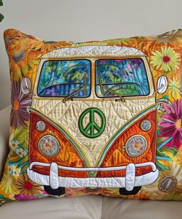 Groovy Camper Van Quilted Pillow Cover — Retro Camper Decor, Colorful Bohemian Throw Accent, Perfect Gift For Travelers