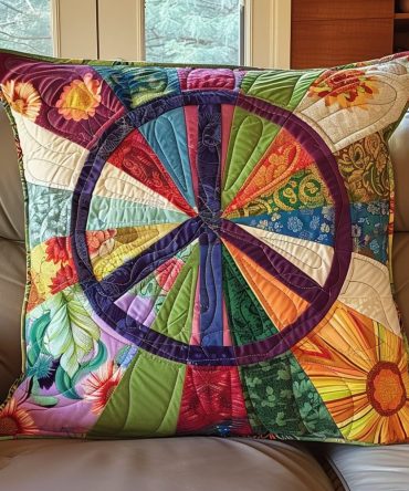 Groovy Sun & Peace Quilted Pillow Cover — Retro Boho Throw Pillow Case With Vibrant Sunburst And Peace Motif For Eclectic Home Styling