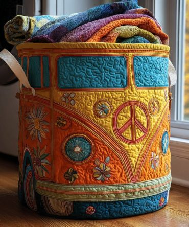 Groovy Wheels Quilted Laundry Hamper — Retro Car Pattern Foldable Laundry Basket, Fun Kids Room Storage With Easy-Carry Handles