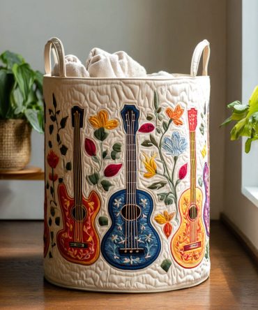 Guitar Echoes Quilted Fabric Laundry Hamper — Musician-Themed Foldable Laundry Basket With Handles, Durable Quilted Storage For Studio & Dorm