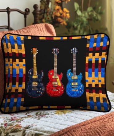 Guitar Grooves Quilted Pillow Cover — Music-Inspired Decorative Throw In Cotton-Blend For Studio, Living Room & Music Lovers