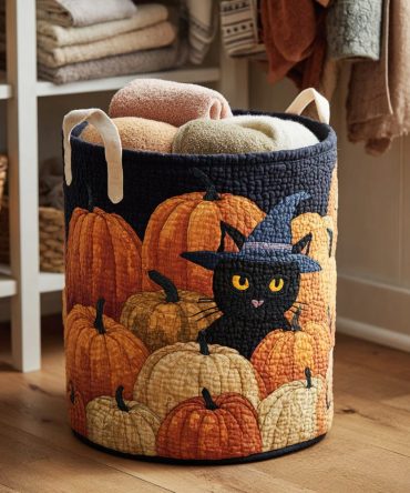 Spooky Halloween Black Cat Quilted Laundry Hamper — Festive Trick-Or-Treat Themed Fabric Basket For Seasonal Decor & Kids Rooms — Foldable & Durable