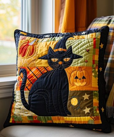 Halloween Black Cat Quilted Pillow Cover - Spooky Decorative Pillow Sham, Festive Fall Accent, Soft Cotton, Machine Washable