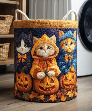 Halloween Cat Quilted Laundry Hamper — Spooky Decorative Foldable Laundry Basket With Quilted Texture, Large Capacity & Carry Handles