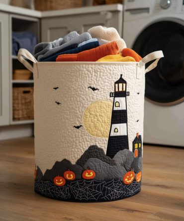 Spooky Lighthouse Quilted Laundry Hamper — Halloween-Themed Foldable Laundry Basket, Durable Fabric Hamper For Seasonal Décor & Storage