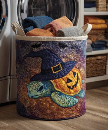 Halloween Turtle Trick Quilted Laundry Hamper – Festive Foldable Fabric Basket With Spooky Turtle Print, Durable Handles For Seasonal Decor & Storage