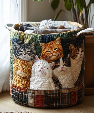 Happy Whiskers Quilted Laundry Basket — Cute Cat Print Fabric Hamper, Collapsible & Lightweight Laundry Storage With Handles