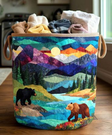 Happy Bear Quilted Laundry Hamper - Cute Woodland Fabric Basket For Kids’ Room, Plush-Look Foldable Storage With Handles