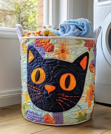 Happy Cat Quilted Laundry Hamper — Cute Cat Pattern Foldable Laundry Basket For Kids & Cat Lovers, Washable Cotton Storage With Handles