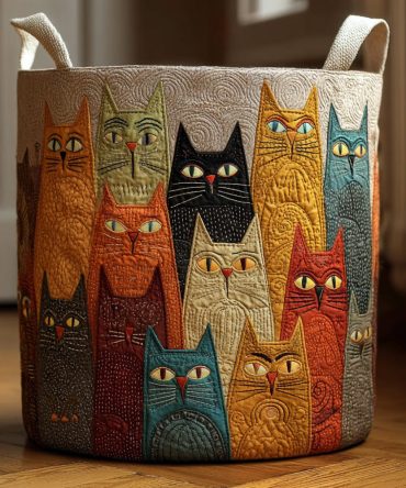 Charming Quilted Cat-Love Laundry Hamper - Large Foldable Fabric Basket With Reinforced Handles, Cute Pet-Themed Decor For Bedroom & Nursery