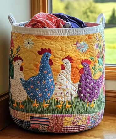 Happy Chicken Quilted Fabric Hamper — Whimsical Farm Chicken Print Laundry Organizer, Collapsible Storage Bin With Handles For Kitchen Or Mudroom