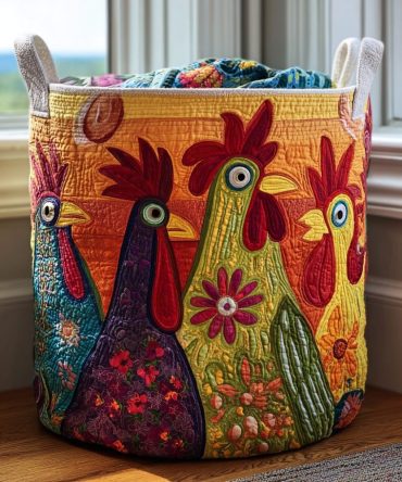 Playful Chicken Print Quilted Laundry Hamper - Collapsible Fabric Laundry Basket With Handles & Lined Interior For Home Or Dorm